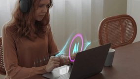 Young woman wearing headphones talking with glowing AI hologram, representing artificial intelligence, remote digital work and education. - Powered by Shutterstock - Get 15% off with code: PIKWIZARD15