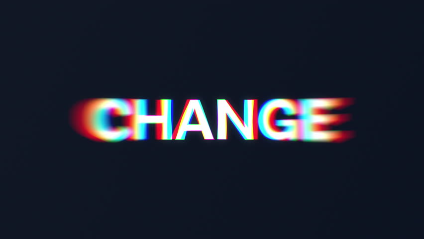 Animated white outline text "CHANGE" with subtle RGB displacement and fluid wave distortion on a gradient purple background.