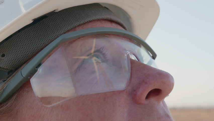 Reflection of spinning wind turbine blades in glasses on face of engineer looking up