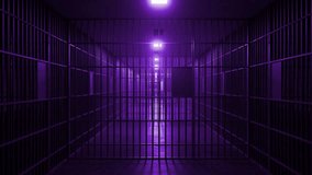 Jail cell block corridor bathed in gradually intensifying purple illumination, casting ominous shadows and creating deeply unsettling psychological tension within prison architectural space - Powered by Shutterstock - Get 15% off with code: PIKWIZARD15
