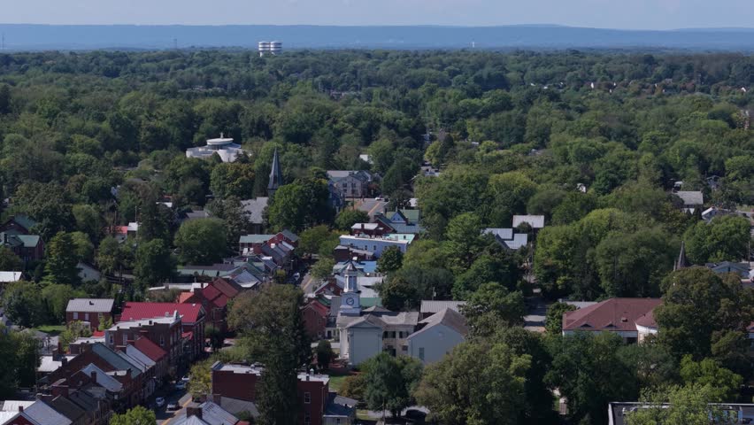 Explore the breathtaking aerial views of Shepherdstown, West Virginia, showcasing colorful autumn landscapes and historic architecture under a clear blue sky.
