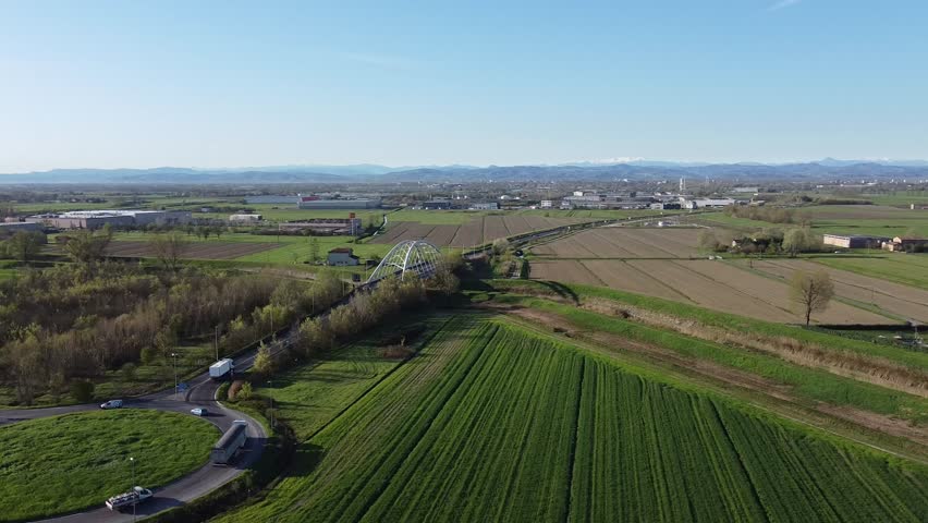 Aerial view of Bagnolo in Piano, bridge, Italiy