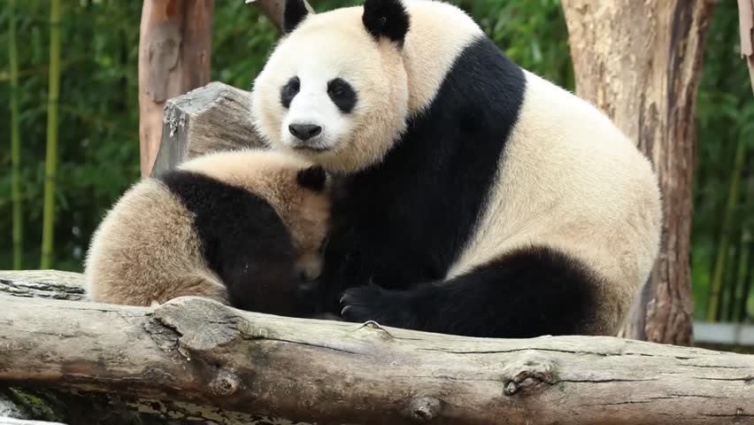 Mother Panda is Playing with her Cub, Chengdu Panda base, china