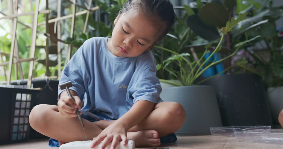 Little kindergarten girl enjoy dig dinosaur fossil toy science education