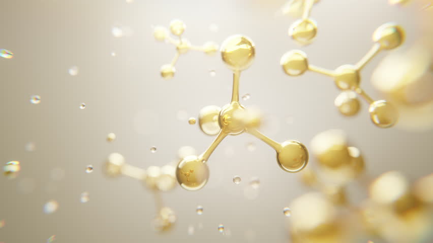 3D animation of golden molecules floating in clean space, representing luxury skincare, anti-aging serum, cosmetic science and biotechnology in a modern, elegant concept.
