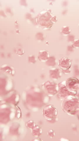 3D animation of pink molecules floating in soft light, representing hydrating skincare, feminine beauty, glowing serum and premium cosmetic ingredients in a vertical format.