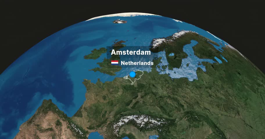 Amsterdam to Dubai animated 3D map highlighting flight path between the Netherlands and the UAE. Great for motion graphic projects, travel routes, and airline branding.