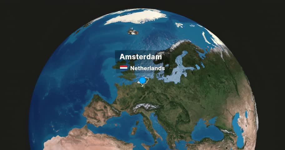 Amsterdam to Singapore animated 3D map highlighting long-haul international flight path between the Netherlands and Singapore. Great for motion graphic projects, travel routes, and airline branding
