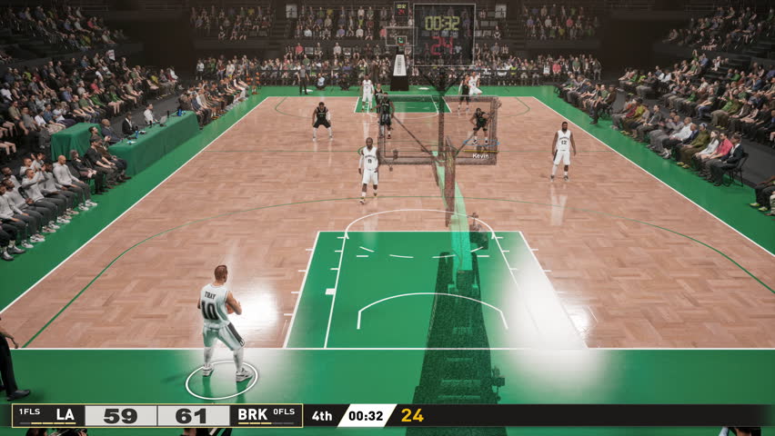 Basketball Fake Video Game Mock Up. Fast-paced sports simulation captures the tension of a white and black team clashing against green and black rivals on a dynamic green court.