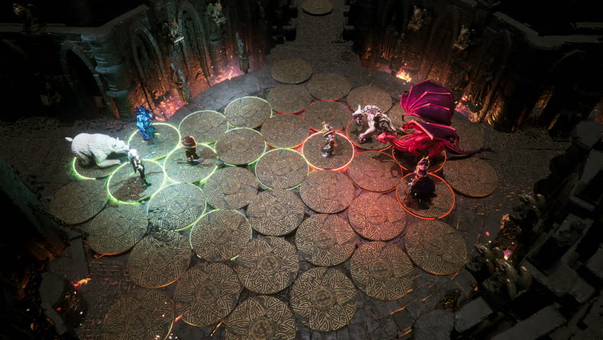 Fantasy Fake Video Game Mock Up. The battlefield trembles as fire erupts from the beast’s jaws. Heroes and monsters collide in a turn-based tactical battle set in a scorched stone dungeon.