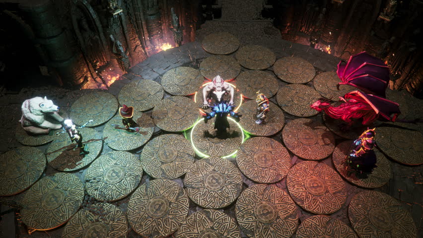 Fantasy Fake Video Game Mock Up. The battlefield trembles as fire erupts from the beast’s jaws. Heroes and monsters collide in a turn-based tactical battle set in a scorched stone dungeon.