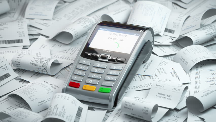 POS terminal in a heap of receipts. Payment for a lot of expenses or purchases concept. 3D Illustration