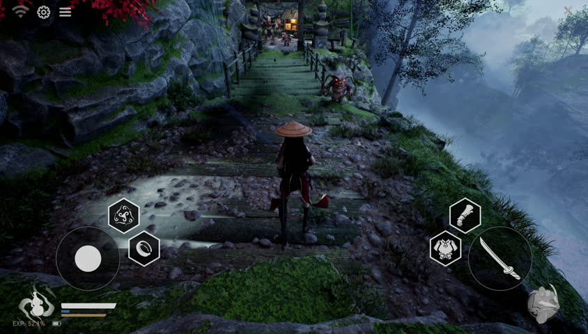 Fantasy Fake Video Game Mock Up. A legendary warrior rises against a cursed monster amidst forgotten ruins of an oriental shrine. Intricate character motion and magical particles enrich the game's.