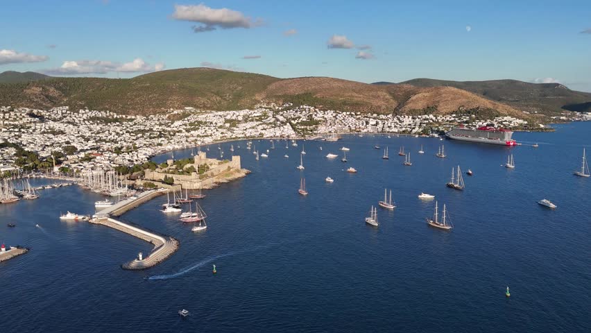 Aerial View of Bodrum Marina and Castle, Scenic Coastline of Turkey