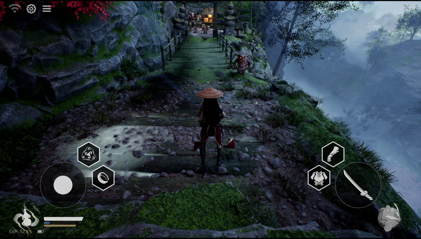 Fantasy Fake Video Game Mock Up. In a dreamlike temple courtyard, a fearless warrior confronts a towering creature of shadow and flame. Temple relics, mystical fog, and beastly growls create an epic.