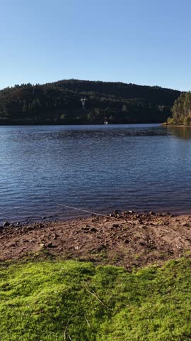 Still lake water with floating buoys surrounded by green forest under a clear sky