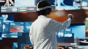 Scientist reviewing medical scans using virtual reality tech, 360 degrees rotation. Woman in front of digital health dashboards backdrop analyzing human anatomy with VR goggles gear, camera B - Powered by Shutterstock - Get 15% off with code: PIKWIZARD15