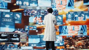 Smiling scientist speaking in mic, doing presentation on genomes, comparing diseases. Happy biomedical expert talks about pathogens and antiviral strategies during medical conference, camera A - Powered by Shutterstock - Get 15% off with code: PIKWIZARD15