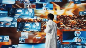 Happy doctor doing key note presentation on medical research data and 3D anatomy models dashboards. Joyous woman showing futuristic medical visuals on multimedia wall during conference, camera A - Powered by Shutterstock - Get 15% off with code: PIKWIZARD15
