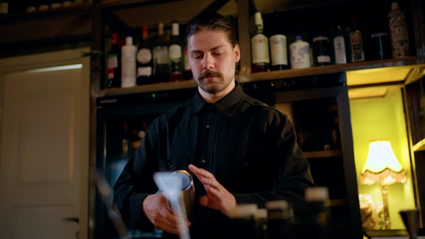 Focused bartender in a dimly lit bar shaking a craft cocktail with a stainless steel shaker behind the counter, surrounded by shelves of bottles and glassware in ambient light.