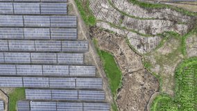 Aerial top-down vertical video of a solar panel farm next to terraced agricultural fields, renewable green energy concept - Powered by Shutterstock - Get 15% off with code: PIKWIZARD15