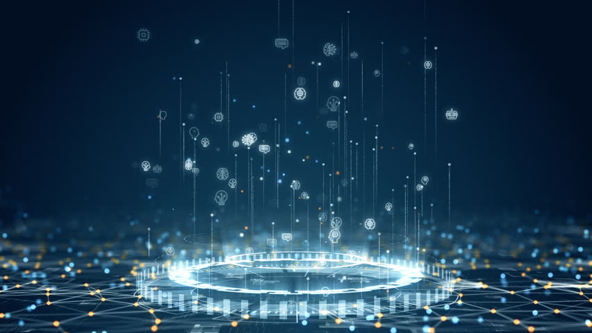 Motion graphic of AI and brain icons floating in digital interface with tech grid and loop