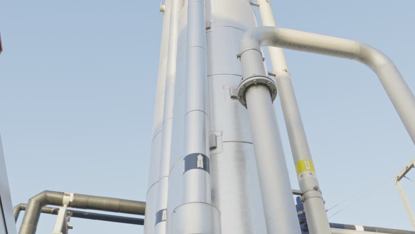 View of a modern biogas installation in rural Denmark, showing tanks, pipes, and clean energy infrastructure producing renewable gas from organic waste.