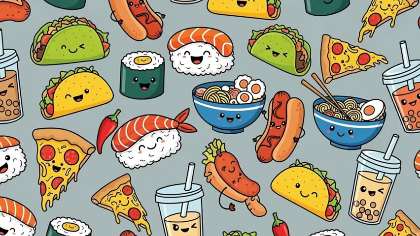A delightful pattern featuring kawaii-style sushi, tacos, pizza, hotdogs, ramen, and bubble tea, perfect for food lovers and cute designs.