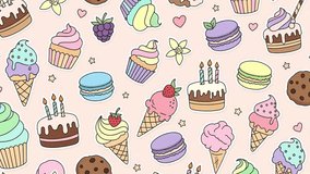 A colorful and whimsical animation featuring a variety of delicious desserts, perfect for backgrounds or playful designs. - Powered by Shutterstock - Get 15% off with code: PIKWIZARD15
