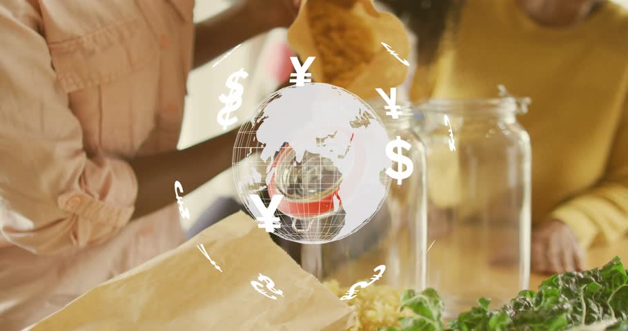 Mother pouring pasta by tilting bag into jar while rotating globe orbiting currency for savings. Family, savings, finance, global economy, household, togetherness, prosperity