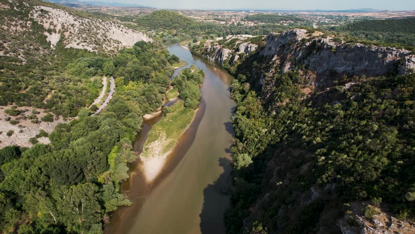 Aerial panoramic view of Nestos river in Kavala Xanthi region in Greece