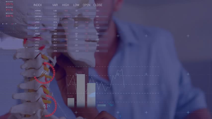 Animation of data processing on charts over diverse male teacher and children studying skeleton. Education, digital interface, communication, statistics and learning, digitally generated video. - Powered by Shutterstock - Get 15% off with code: PIKWIZARD15