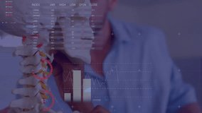 Animation of data processing on charts over diverse male teacher and children studying skeleton. Education, digital interface, communication, statistics and learning, digitally generated video. - Powered by Shutterstock - Get 15% off with code: PIKWIZARD15