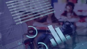 Animation of data processing on charts over caucasian male teacher and schoolchildren in class. Education, digital interface, communication, statistics and learning, digitally generated video. - Powered by Shutterstock - Get 15% off with code: PIKWIZARD15
