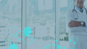 Medical data and molecular structures animation over smiling doctor in hospital. Healthcare, scientist, innovation, biotechnology, diagnostics, futuristic - Powered by Shutterstock - Get 15% off with code: PIKWIZARD15