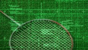 Badminton racket head lying face-up on grass, featuring shuttlecock and digital grid coding overlay. Sports equipment, outdoor activity, technology, digitalinterface, athletic gear, green background, - Powered by Shutterstock - Get 15% off with code: PIKWIZARD15