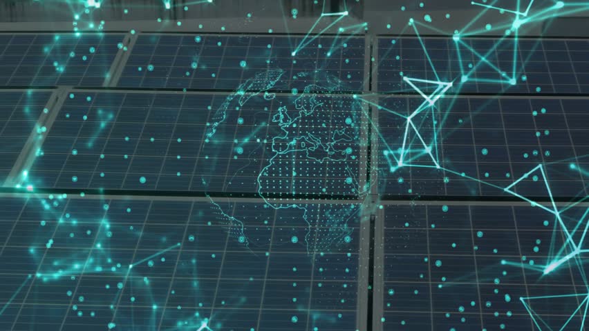 Solar technician kneeling inspecting rooftop panels, with holographic network data floating above. Renewable energy, technology, futurism, digital, innovation, engineering, sustainable - Powered by Shutterstock - Get 15% off with code: PIKWIZARD15