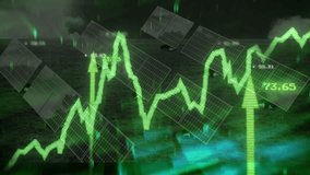 Solar panels tilting on grassy field, with neon green stock graph line rising toward arrow 50.03. Renewable, energy, technology, innovation, sustainability, infrastructure, futuristic - Powered by Shutterstock - Get 15% off with code: PIKWIZARD15