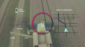 AR overlay dashboard being displayed over aerial wheat field, showing speedometer, battery, map. Agrarian, technology, innovation, machinery, agriculture, data visualization, precision farming - Powered by Shutterstock - Get 15% off with code: PIKWIZARD15