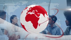 Business team gathering around table and initiating rotating 3D globe revealing data insights. Collaboration, teamwork, innovation, data, technology, global, strategy - Powered by Shutterstock - Get 15% off with code: PIKWIZARD15