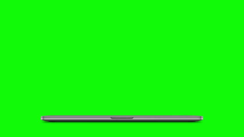 opening laptop with blue screen on green background. computer transparent isolated. 3d model pc chroma key empty black. Mockup. Mock up. Video Call, Website Template News advertisements. ads backdrop