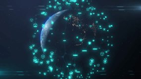 Futuristic digital globe Earth with glowing data points network connections on dark background. Worldwide links on planet at night. World communication technology. 3d seamless loop. world internet ai - Powered by Shutterstock - Get 15% off with code: PIKWIZARD15