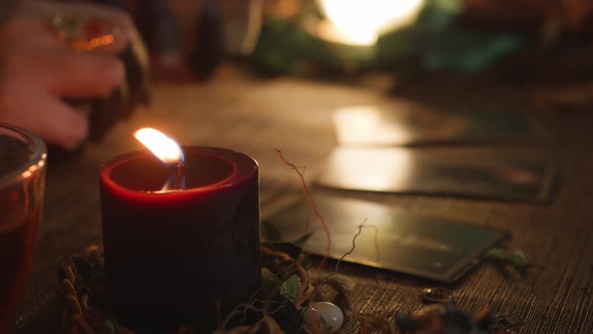 Fortune teller's hand points to tarot cards on a wooden table by a flickering candle, performing an intimate divination ritual that hints at mystical insights, fate and prophecy