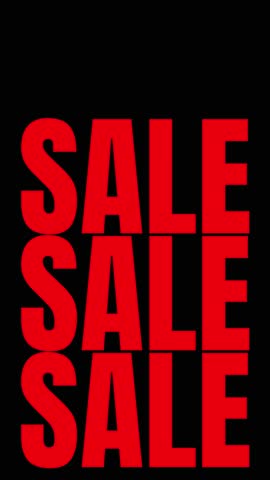 Strong visuals, video with dynamic typographic animation featuring the word SALE with an overlay effect, rendered in bold red font on a solid black background.