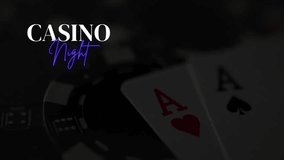 Animated banner with animation and the words Casino Night, the text CASINO in white font, Night in neon purple on a dark, blurred background with playing cards, chips, and dice. - Powered by Shutterstock - Get 15% off with code: PIKWIZARD15
