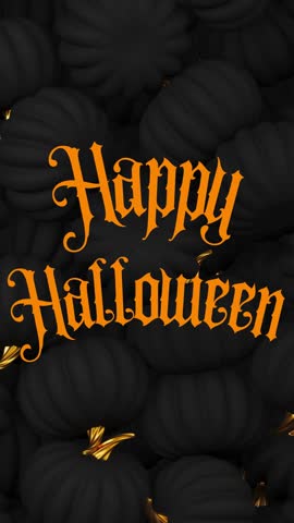 Animated greeting card with a gothic orange Happy Halloween inscription on a background of falling black pumpkins with golden tails and copy space. 