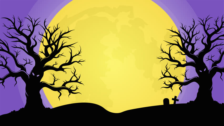 4K Halloween motion graphic featuring glowing pumpkins, spooky trees, bats, and full moon. Perfect for intros, ads, or festive videos.