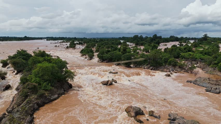 Aerial view of li phi waterfall during monsoon season in Don det, laos 