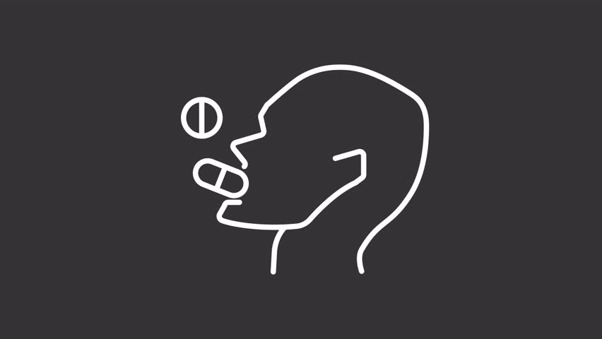 Medication taking white line animation. Patient treatment animated icon. Floating pills, moving. Pharmacy therapy, antibiotics. Isolated element on dark background. Alpha transparent video