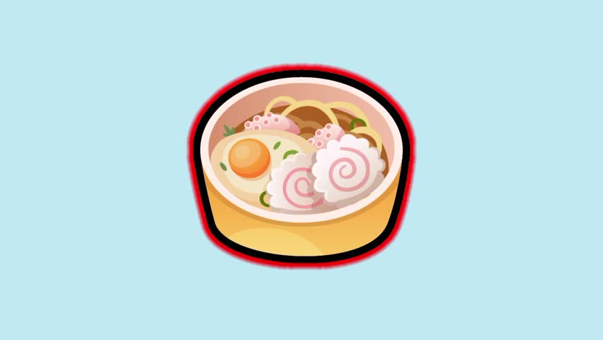 Ramen dish with noodles, egg, beef and green onion Animation intro for advertising or marketing of Japanese cuisine dishes with the ingredients of the dish flying in the air isolated sky background.